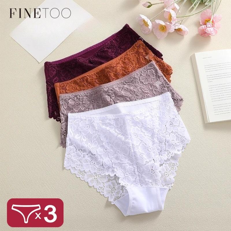 FINETOO 3 шт. Женское кружевное нижнее белье с завышенной талией, сексуальные однотонные трусики с кружевной отделкой, женское роскошное ажурное белье, удобное дышащее белье