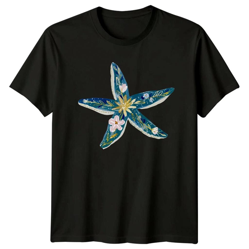 Floral Mediterranean Starfish Womens T-Shirt Starfish Coastal Gift For Her