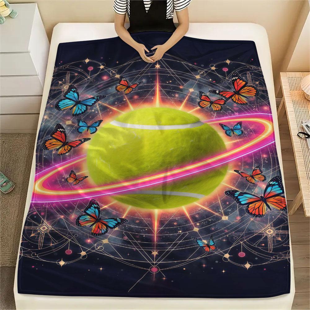 1Pc StarRingball Print Flannel Blanket, High quality Comfortable for All Seasons, Home Decor, Warmth and Comfort, Perfect for Christmas Gifts