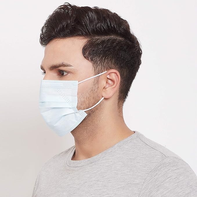 Romsons Пластиковая Одноразовая 3-слойная Маска с Эластичными Ушными Петлями (Синий, Упаковка 50 штук, Без клапана) для Унисекс.