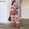 ZANZEA Женская блузка с длинным рукавом и брюки, повседневный костюм-двойка с принтом
