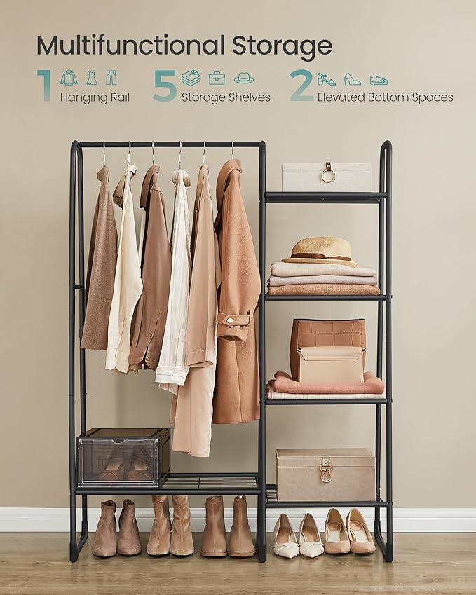 SONGMICS Clothes Rail, Freestanding Clothes Rack, 5 Storage Shelves, Metal Frame, 40 x 101.7 x 153.3 cm, Bedroom, Living Room, Hallway, Matte Black