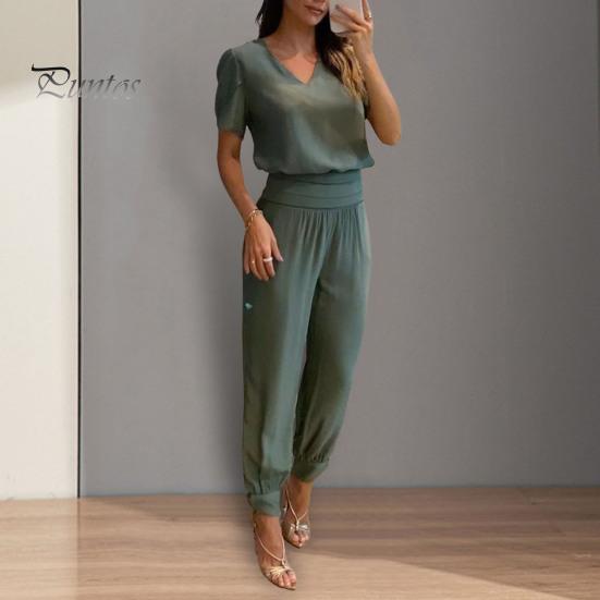 2Pcs/Set Chic Short Sleeve Shrinkable Cuffs Loose Outfit Lady Short Top Long Wide Leg Sweatpants Set Streetwear