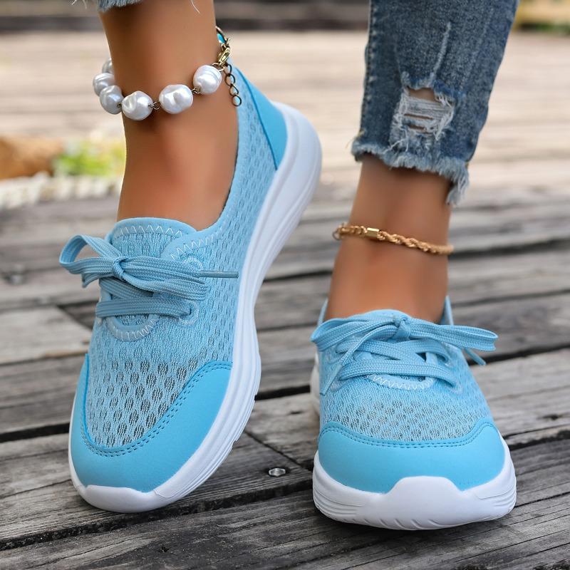 Fashion Women's Flat Sneakers Fall New Round Toe Deep Mouth Splice Mesh Lace-Up Front Soft Slip Sneakers