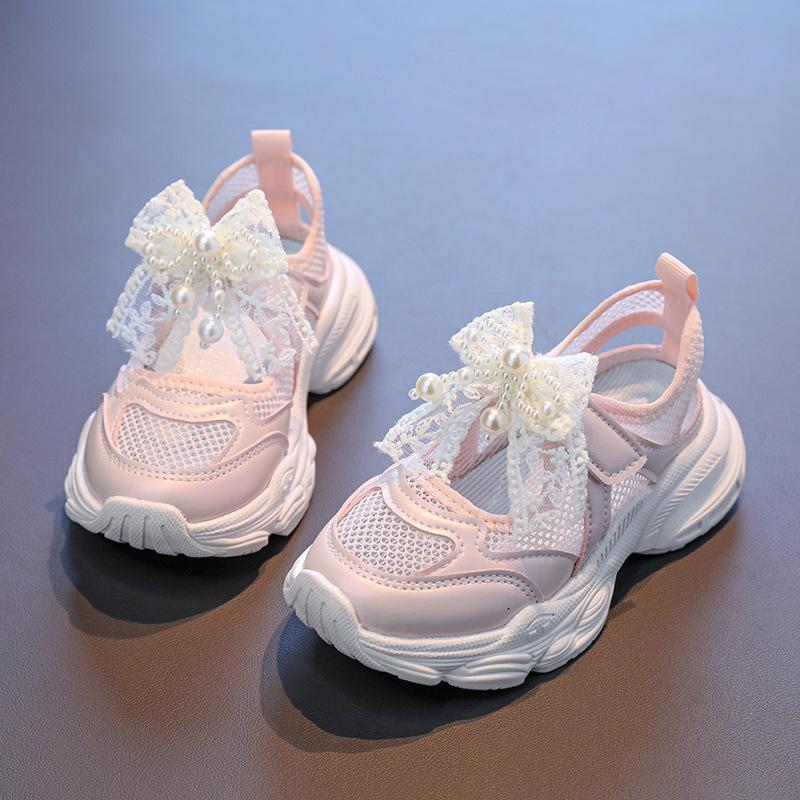Girls' New Summer Single Mesh Pearl Lace Bowknot Sports Sandals Little Girls' Transparent Mesh Casual Sandals