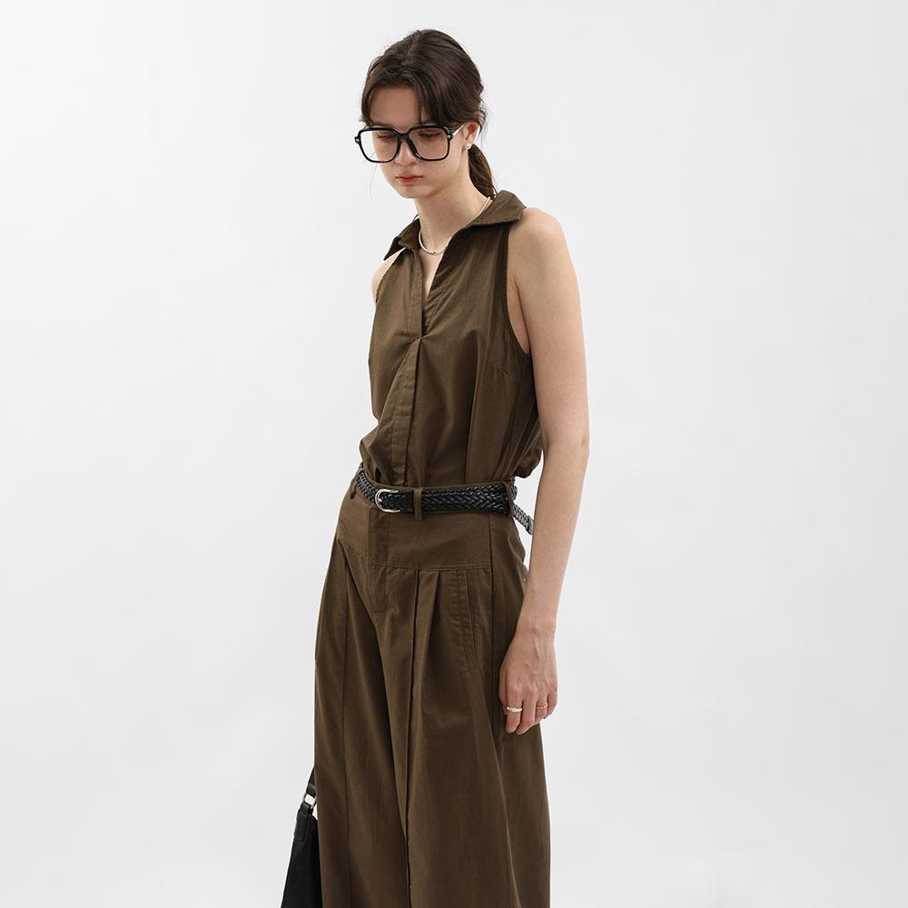 WEDNESDAY DELIGHT Wd_Open Collar Sleeveless Blouse_Brown