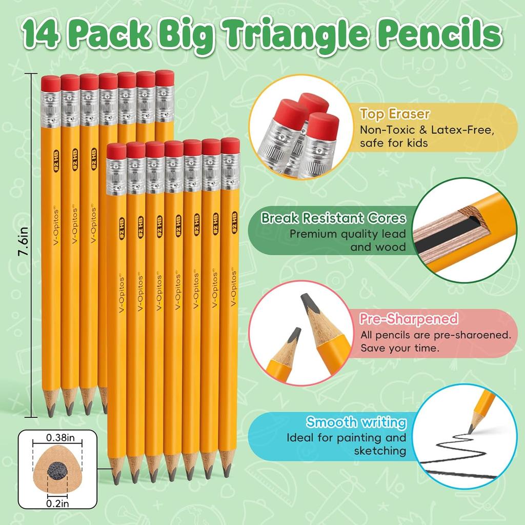 V-Opitos Jumbo #2 HB Pencils - 14 Pack Triangle Pre-sharpened Wood-Cased Pencils with Top Erasers for Kids, Ideal for Home, Kindergarten, School