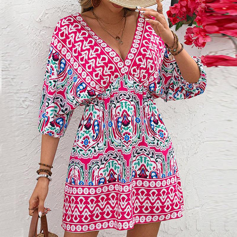 Summer Batwing Sleeve Sweetheart Pleated Dress Mini Dress Women Sexy V-neck Loose Beach Sundress Graphic Printed Elegant Dresses