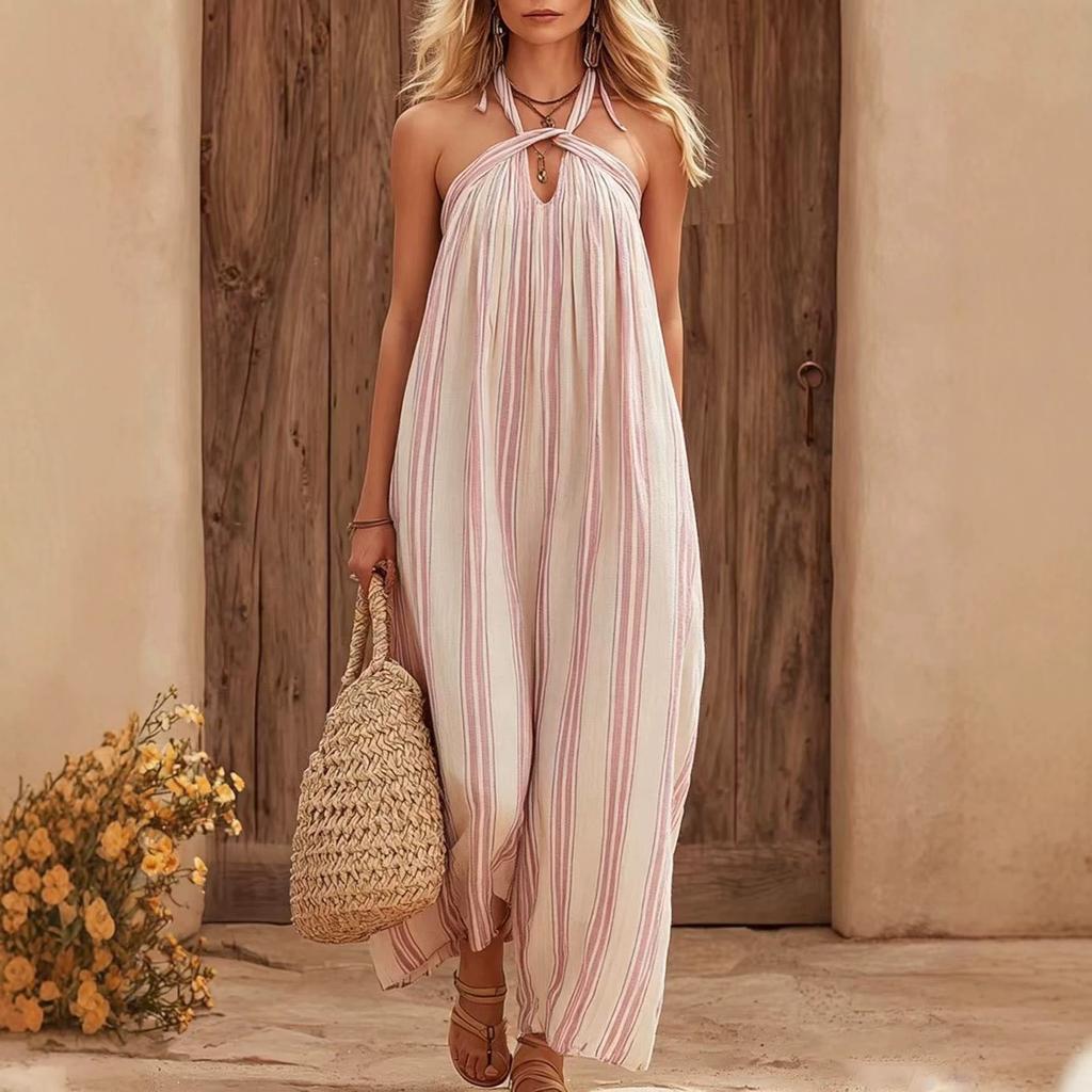 Европейские и американские новинки Ленивый стиль полосатое без рукавов платье на шею Контрастные цвета Сексуальное открытое сзади женское длинное платье