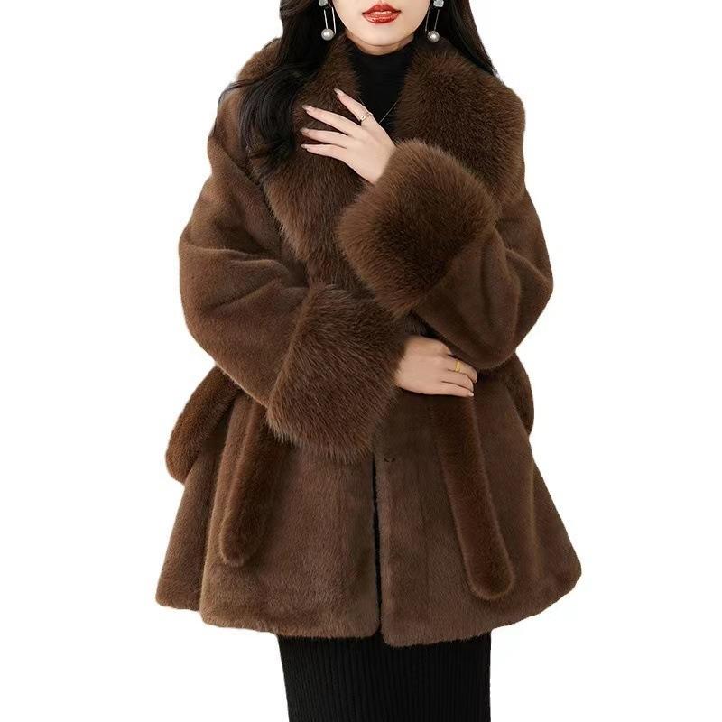 Slim Long Large Fur Collar Faux Fox Women Coat Winter Luxury Imitation Mink Fur Jacket Waist Belt Plush Furry Overcoat