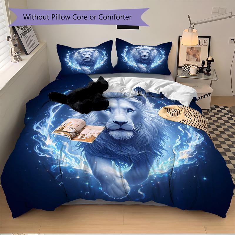 3pcs Blue Flame Majesty Lion Bedding Set - 1 Soft Quilt Cover + 2 Pillowcases, Machine Washable - Suitable for All Seasons, Perfect Gift for Fami
