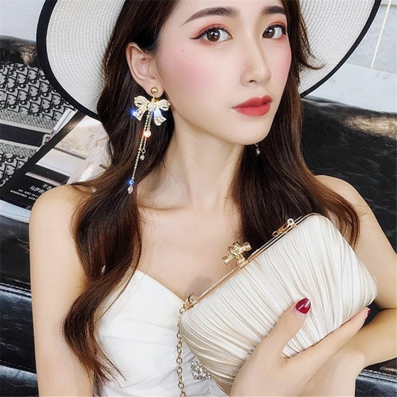 925 серебряные иглы со стразами бант кисточки серьги нишевые серьги высокого чувства мода преувеличенные жемчужные серьги