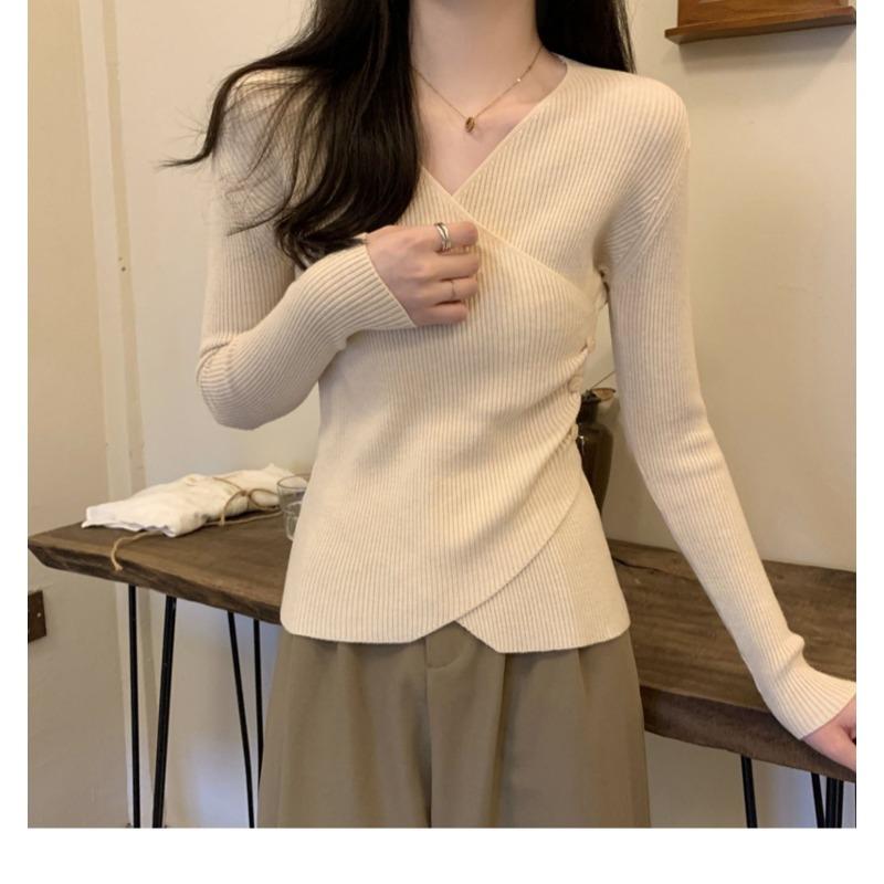 Women S V Neck Long Sleeve Irregular Knit Top Basic Inner Wear