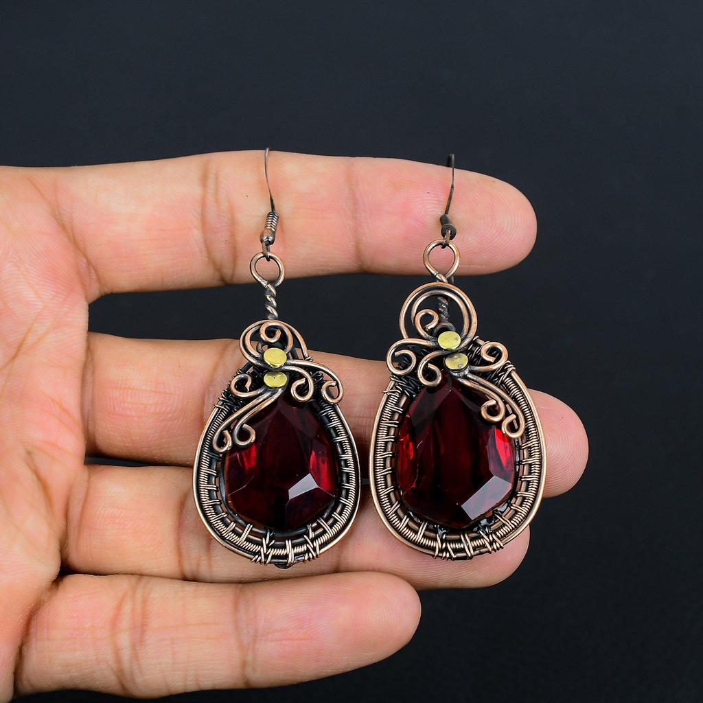 Garnet Jewelry, 999 Copper Wire Wrapped Earrings, Handmade Gemstone Jewelry Earrings For Memorial Day