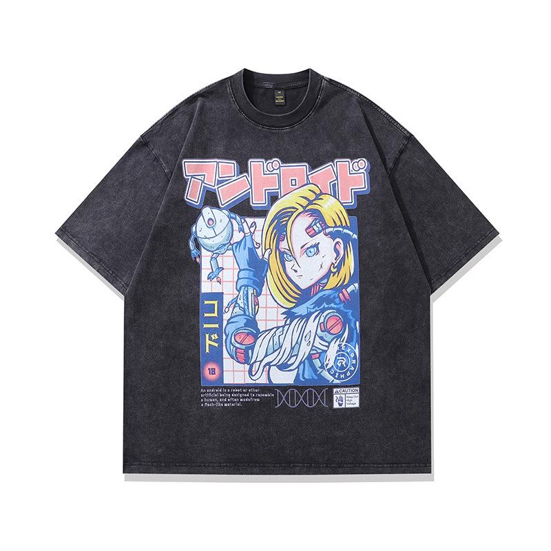 Shirt Short Sleeve Loose Men'S Men'S Shirt Washed T Street Summer Printing Cartoon T Straight Cotton