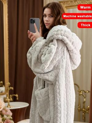 Уютный халат с капюшоном из кораллового флиса для женщин - Длинное, теплое и мягкое домашнее платье с карманами, машинная стирка - Идеально для осени/зимы