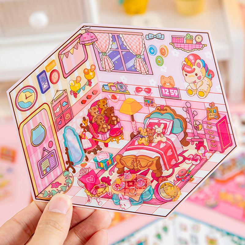 4 Набора Мультяшные Кавайные Миниатюрные Сцены Визуальные Наклейки для Складывания Миниатюрные 3D Наклейки со Сценами Пейзажей Наклейки для Рукоделия