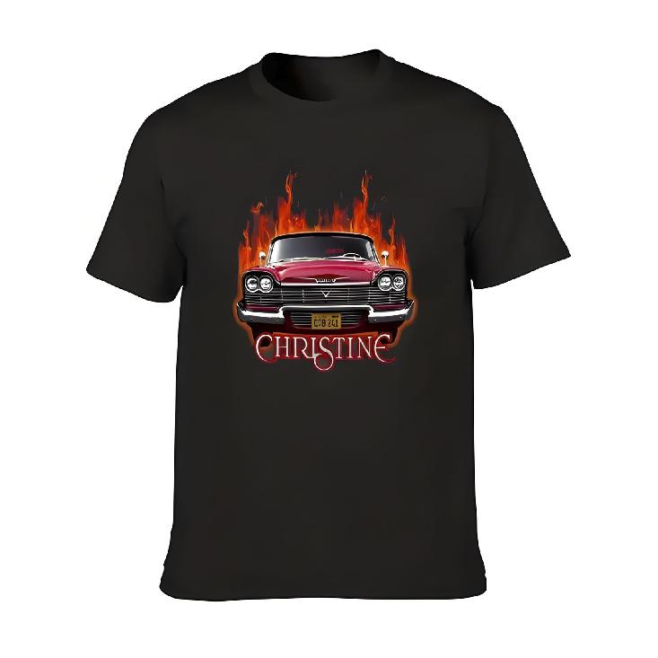 Classic Red Retro Car Pattern T-shirt - Black Cotton T-shirt with Flame Design, featuring 'CHRSTINE' license plate and bold lettering below -