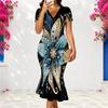 Women Plus Size V Neck Short Sleeve Black Printed Fishtail Dress