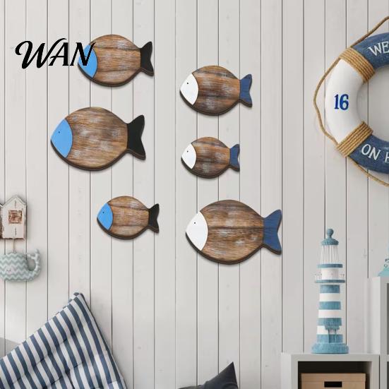 Solid Wood Fish Art 6 Pcs Wooden Wall Decor Nautical Coastal Eco-friendly Rustic Beach Ocean Lake House Hanging Ornament for Bathroom Bedroom Natural