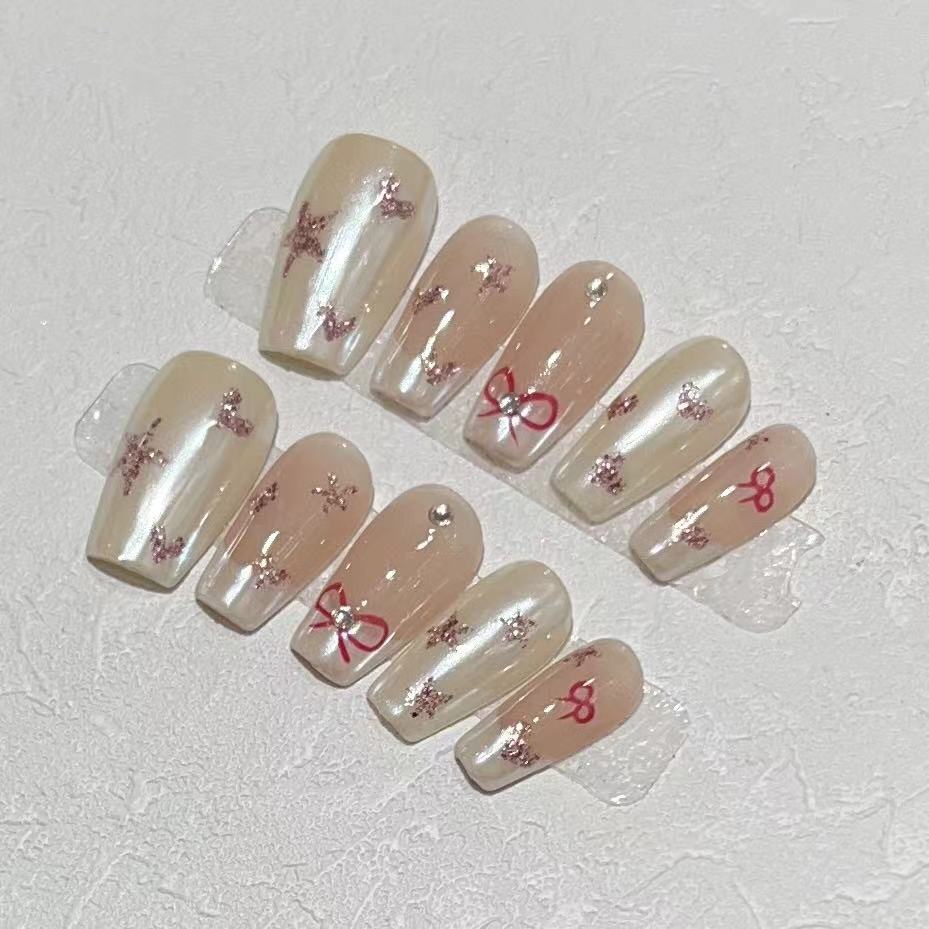 Pure Hand-wearing Armor Simple French Cute Hand-painted Love Bow Student Manicure Removable Nails