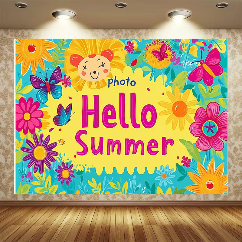 Cheerful Hello Summer Backdrop, Bright Turquoise Floral Scene with Butterflies and Smiling Sunflowers, Festive and Playful Wall Decor