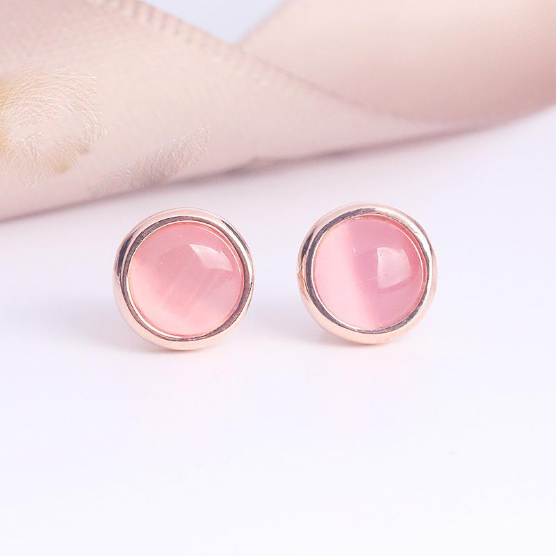 Серьги из натурального камня 2 цветов, серебряная игла, круглые серьги-гвоздики с огненным опалом и розовым кристаллом для женщин, камни месяца рождения