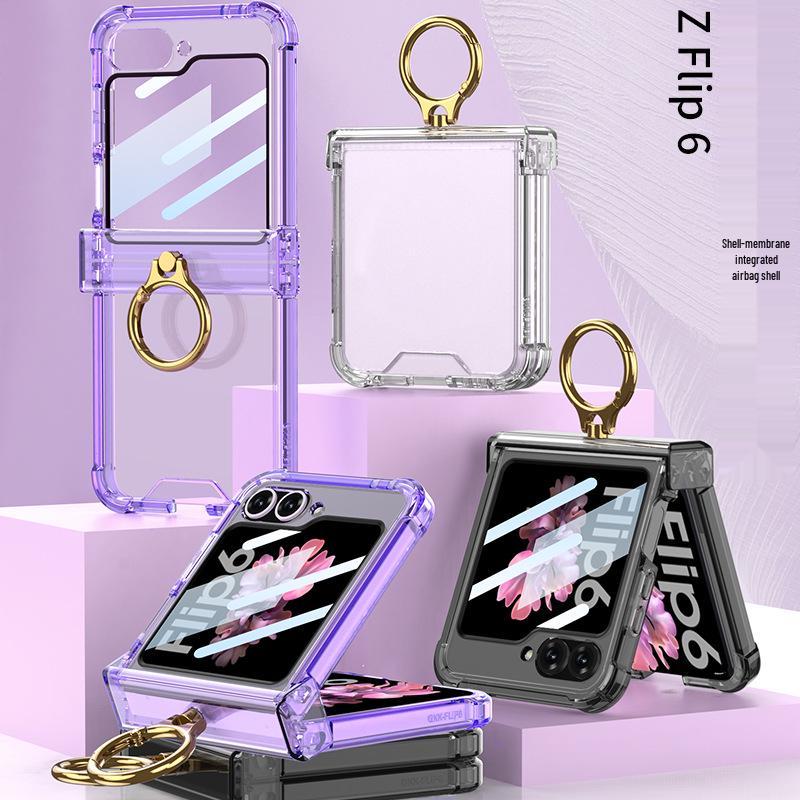 Чехол для Samsung Galaxy Z Flip 6: Вал подушки безопасности, Полностью закрывающий корпус, Прозрачная пленка, Держатель-кольцо