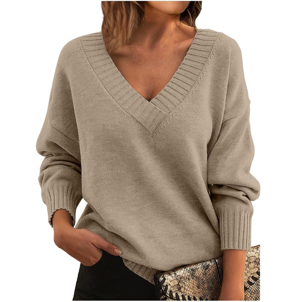 Women's Fashion Casual Solid Color Sweater Set Head V Neck Warm Long-sleeved Sweater