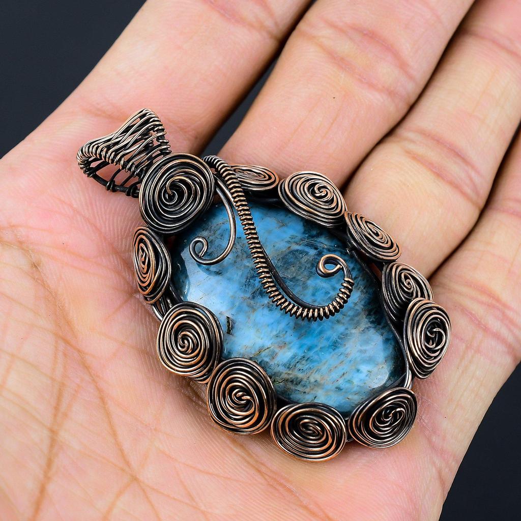 Неоновый синий апатит драгоценный камень медная проволока обертка ручной работы кулон ювелирный подарок для любви