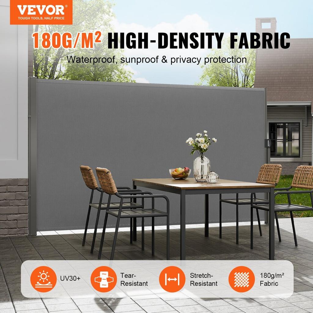 Retractable Side Awning, 79''x 118'' Outdoor Privacy Screen, 180g Polyester Water-proof Retractable Patio Screen, UV 30+ Room Divider Wind Screen for