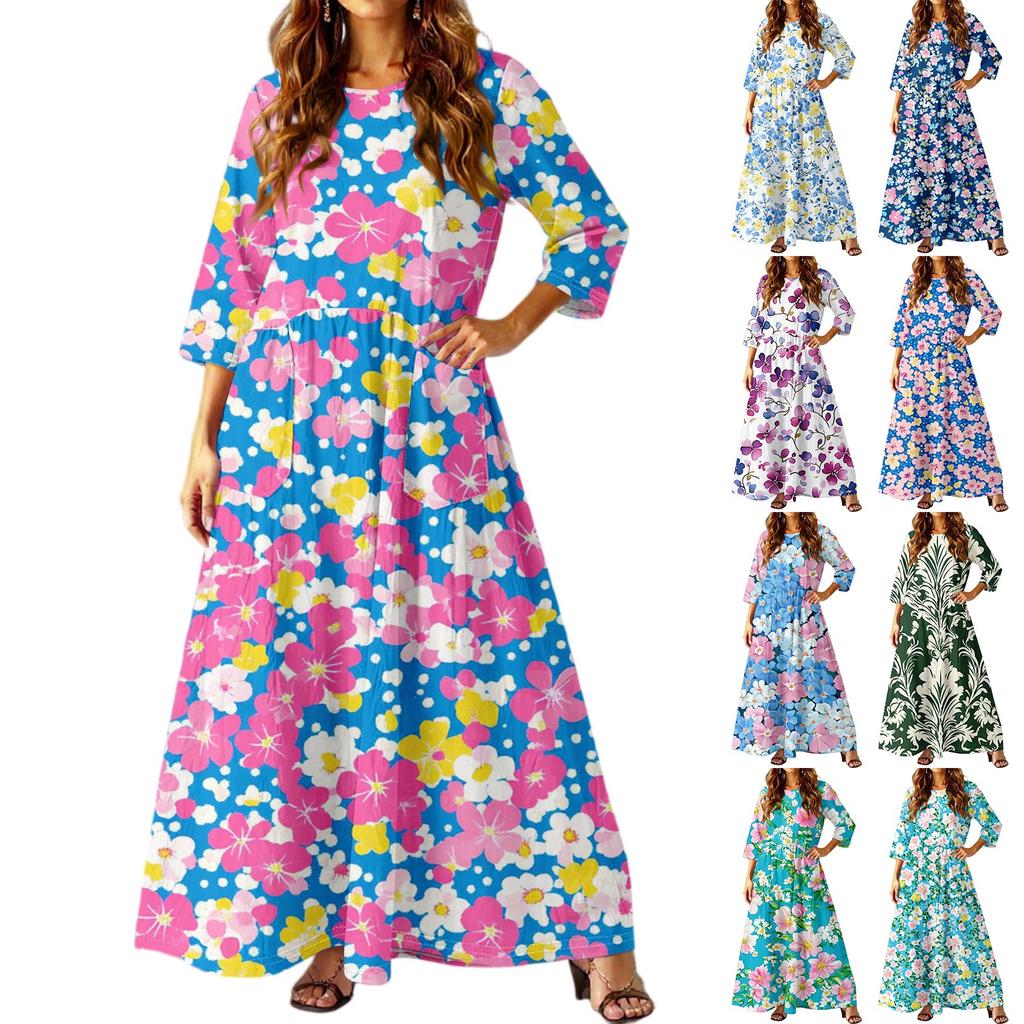 Женское повседневное модное платье с цветочным принтом, рукавом три четверти и карманами