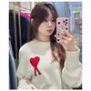 Oversized Knit Sweater With Heart Jacquard Round Neck Loose Fit Unisex Casual Pullover