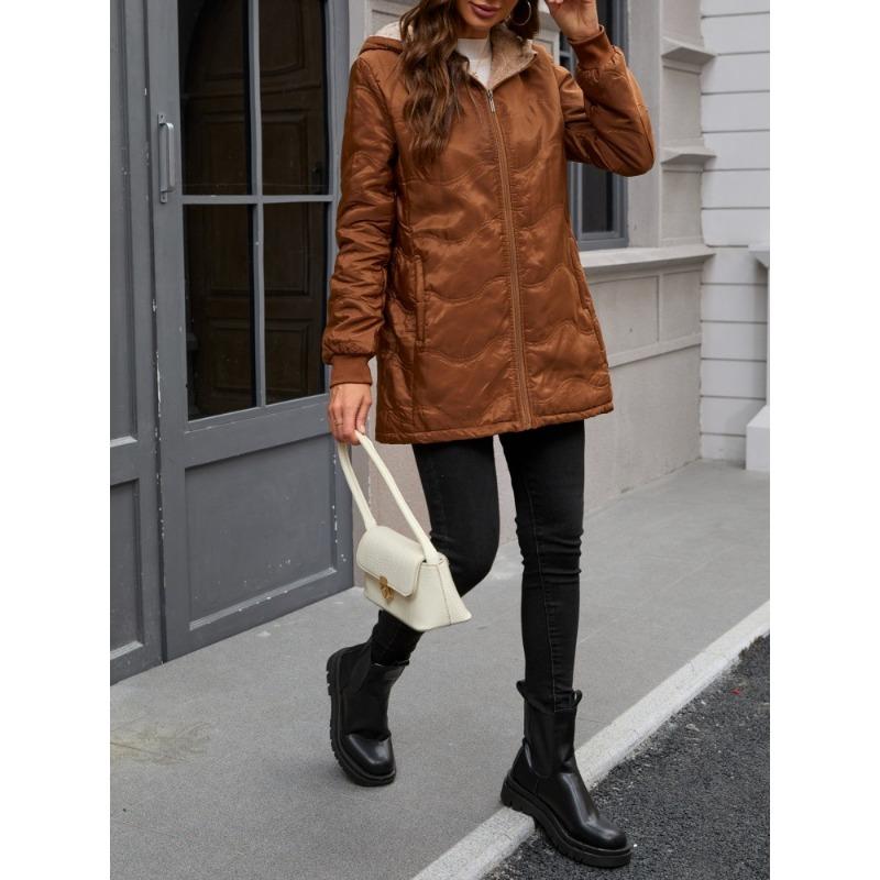 Women S Hooded Mid Length Loose Fleece Padded Winter Coat