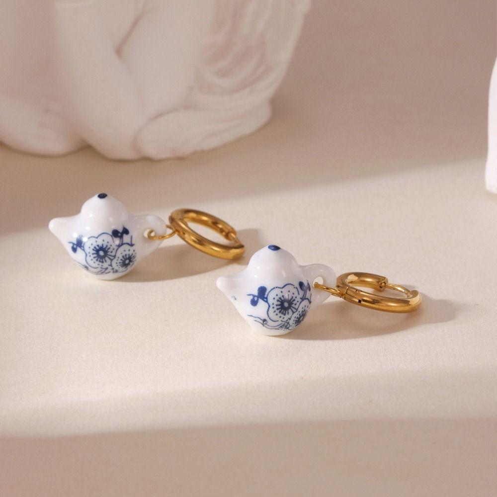 Chinese Style Blue and White Porcelain Earrings Stainless Steel Gold Enamel Hoop Earrings  Lady