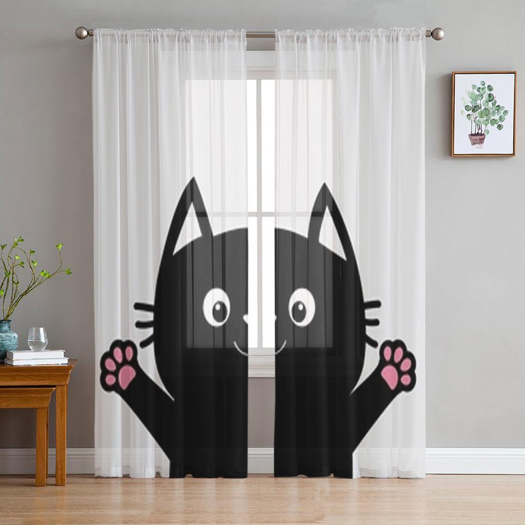 Шифоновые прозрачные шторы с черным котом для гостиной, спальни, украшения, тюлевые шторы для окон, шторы