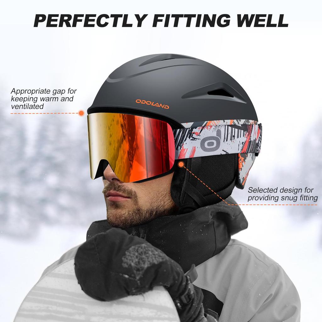 Odoland Ski Helmet and Snow Goggle Size Snowboard Glasses Flat Impact UV Adult L Set, Dial-Type Adjustment, Helmet, Compatible, Lens, Windproof,
