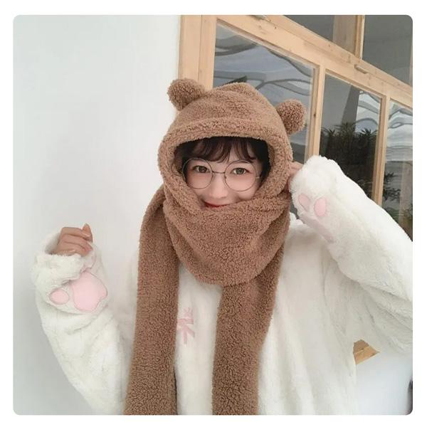 Fashion Winter Women Novelty Beanies Caps Warm Bear Ear Hat Casual Plush Hat Scarf Set Casual Solid Women Caps Present
