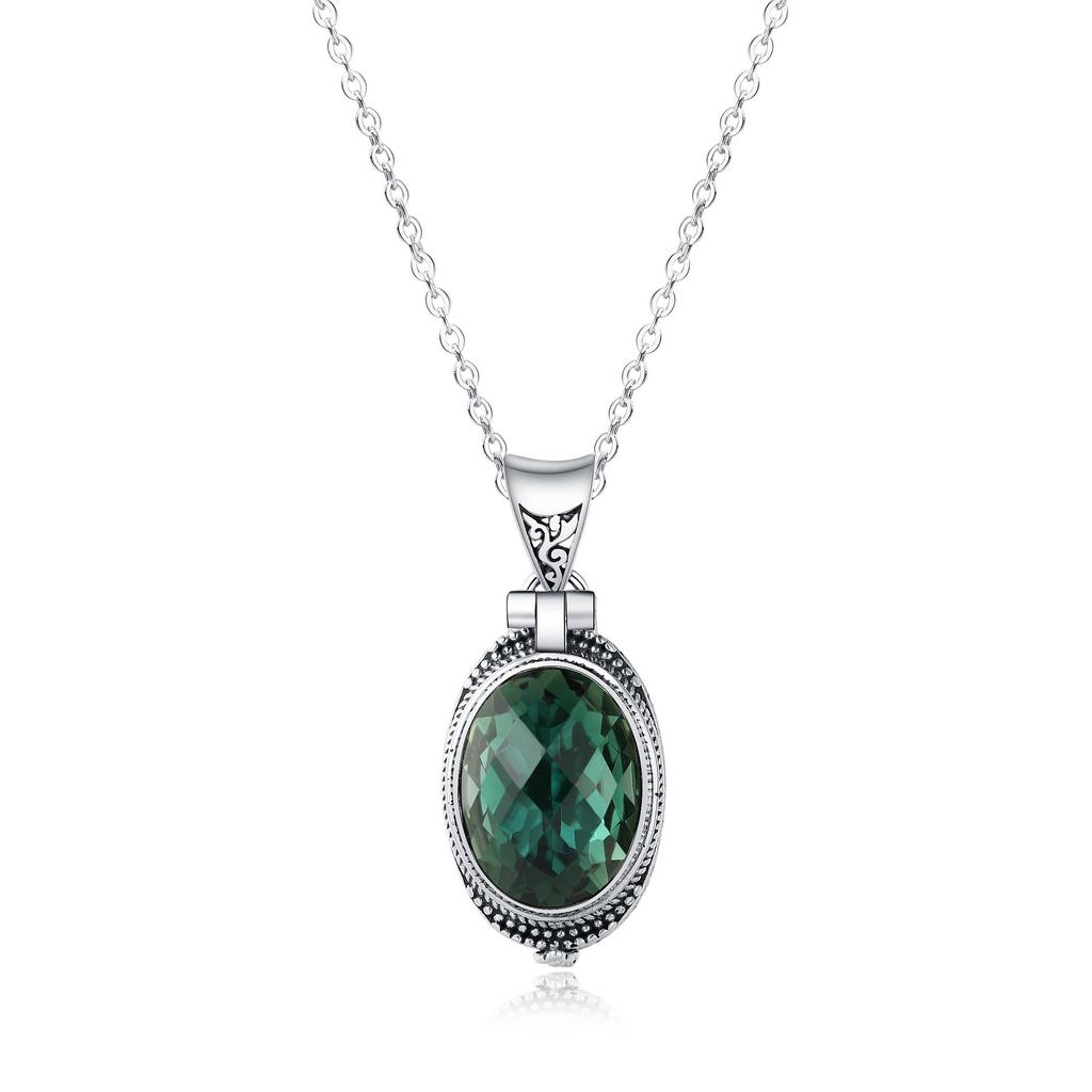 Silverstone S925 Baroque-Style Green Crystal Vintage Engraved Silver Pendant for Women
