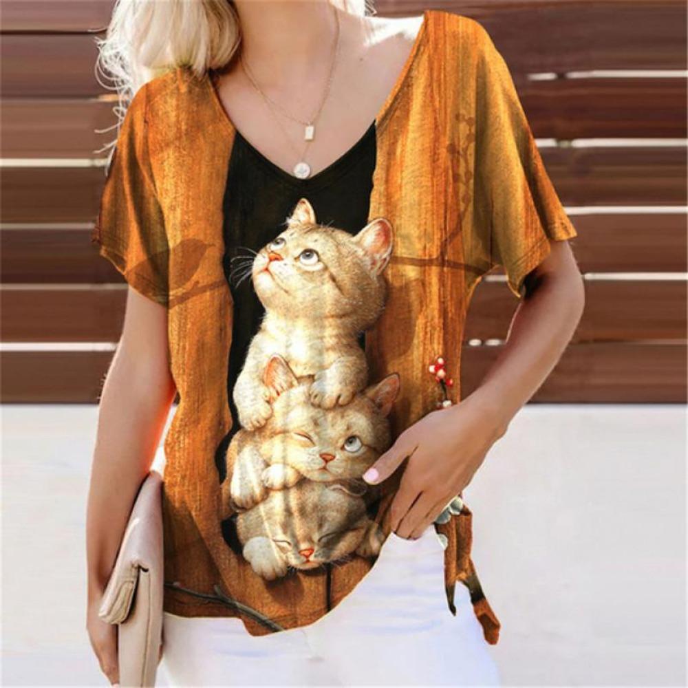 Летние милые футболки с 3D-принтом кошек, женские повседневные футболки с V-образным вырезом и коротким рукавом, Y2k, харадзюку, футболки с животными, свободные топы, женская одежда
