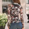 Women's Mesh Floral Print Slim Tops Long-sleeved Pullover