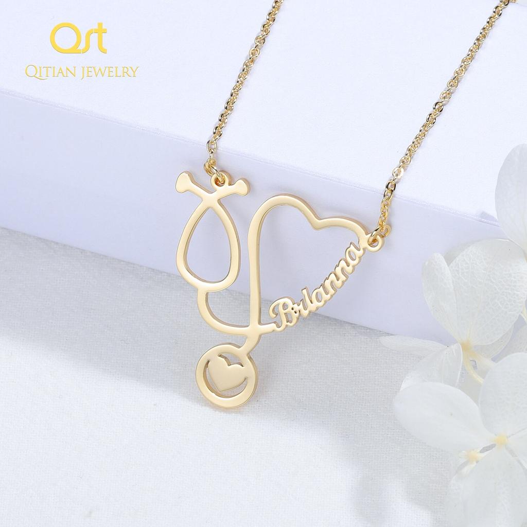 Custom Name Necklaces Stainless Steel Jewelry Personalized Gold Tone Stethoscope Pendant Women Nameplate Necklaces Doctor Giveaway GiftTrendy