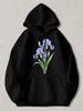 Black Pullover Hoodie with Blue Iris Flower Print Long Sleeve Sweatshirt with Kangaroo Pocket And Drawstring Hood Casual Floral To