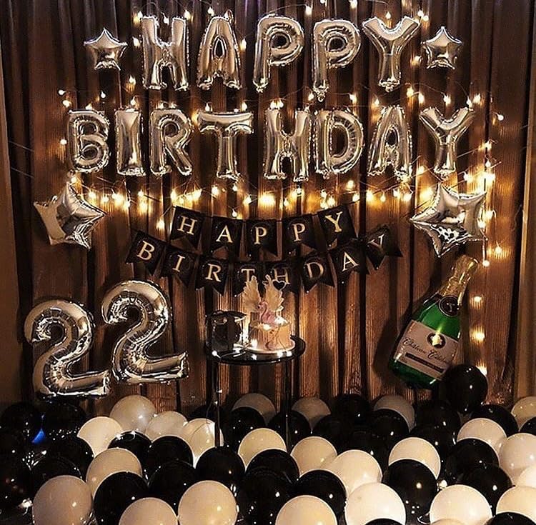 Black and Silver Valentine's Day Balloon Set, Happy Birthday Aluminum Film Star Crown Balloon Simulation Rose Petal Confession