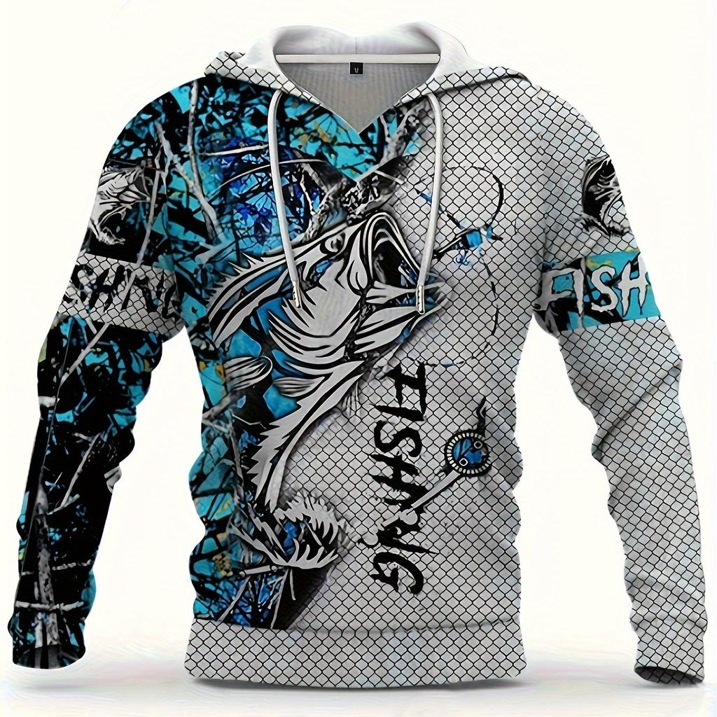 2024 Men's Casual Fishing Pattern 3D Print Hooded Sweatshirt Fashion Long Sleeve Tops Graphic Hoodie with Kangaroo Pocket