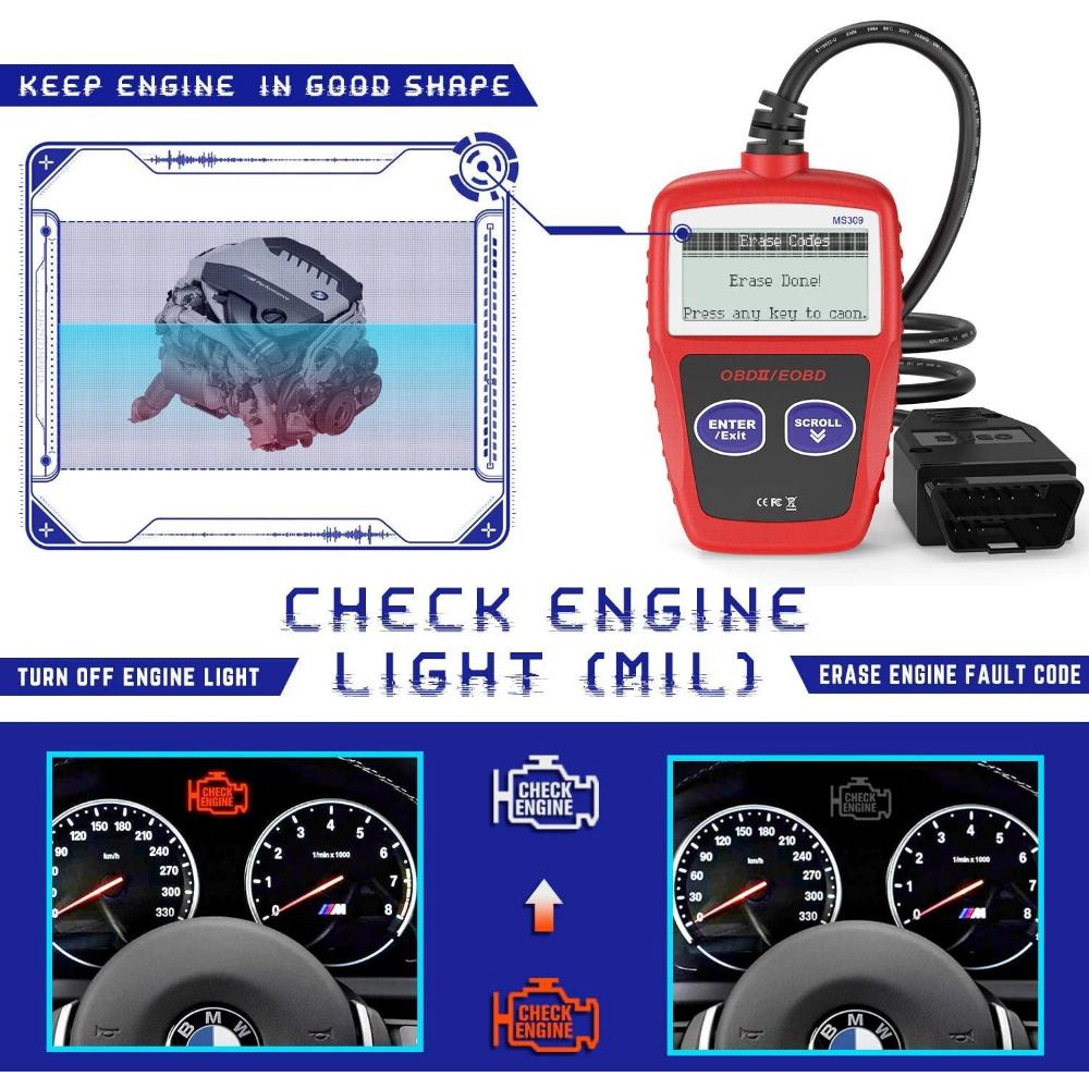 MS309 Automotive Trouble Code Reader Accurate Engine Diagnostic Tool Scanner Checks Engine Light and Emission Monitoring Status