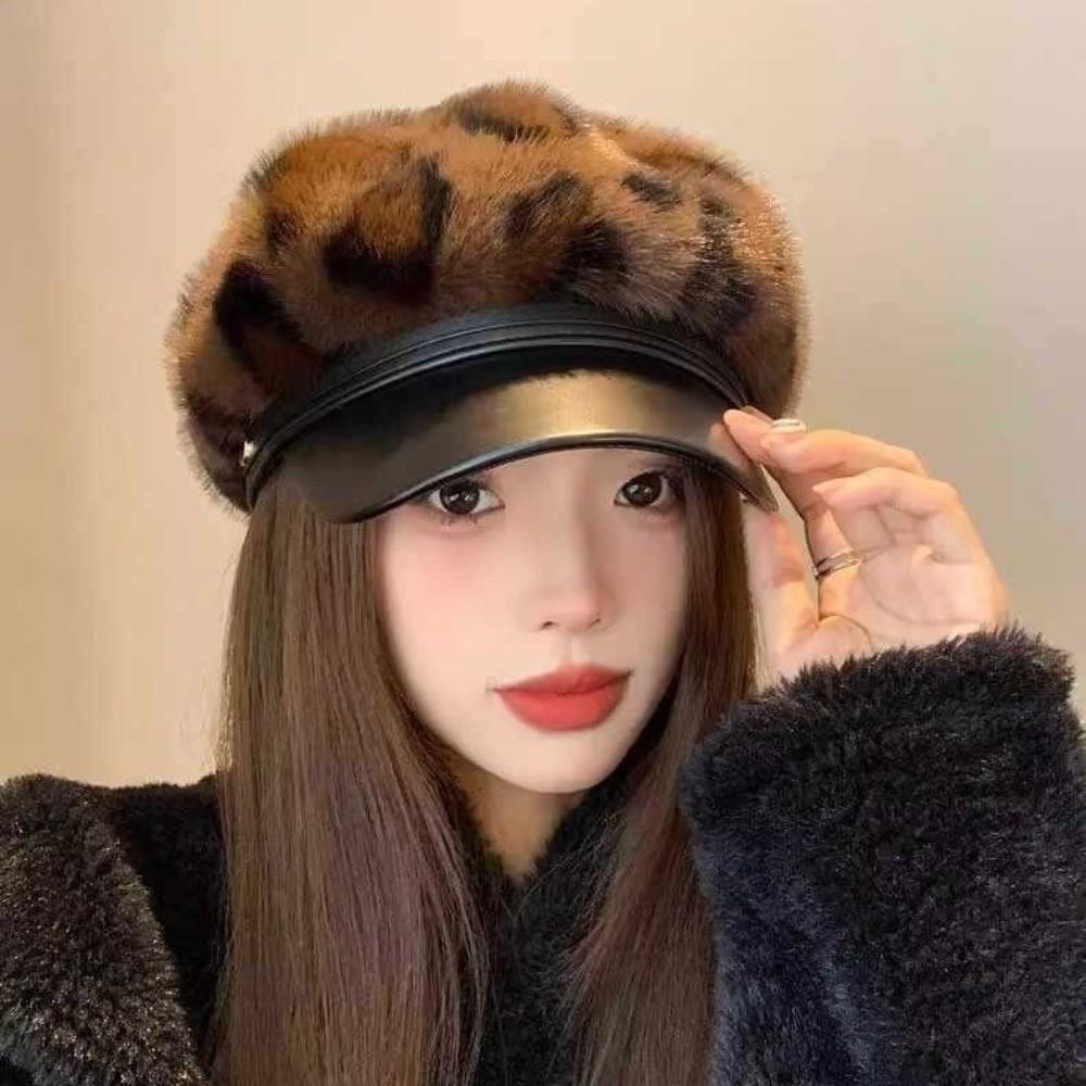 Plush Leopard Print Beret Leather Patchwork Artist Hat Vintage Octagonal Cap For Women