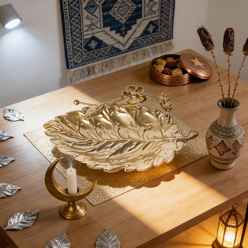 Ид аль-Фитр Золотой фруктовый поднос Креативный Рамадан Металлический фруктовый поднос Блюдо для подачи десертов Многоразовая металлическая декоративная тарелка