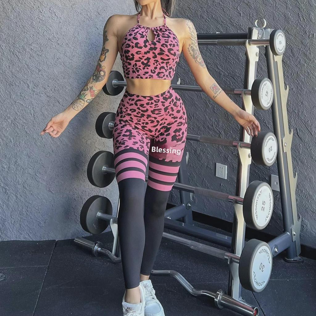 Комплект из спортивного бюстгальтера и штанов для йоги Cross-Border Halter Neck Backless - телесного цвета с начесом, дышащая, сексуальная одежда для фитнеса