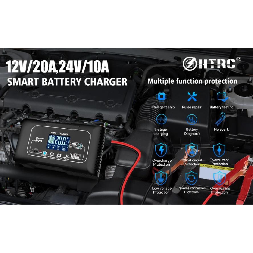 HTRC 20A/15A/10A Зарядное устройство для автомобильного аккумулятора ЖК-дисплей Автоматическое импульсное восстанавливающее зарядное устройство для мотоцикла Свинцово-кислотного Литиевого LiFePO4 AGM Гелевого аккумулятора
